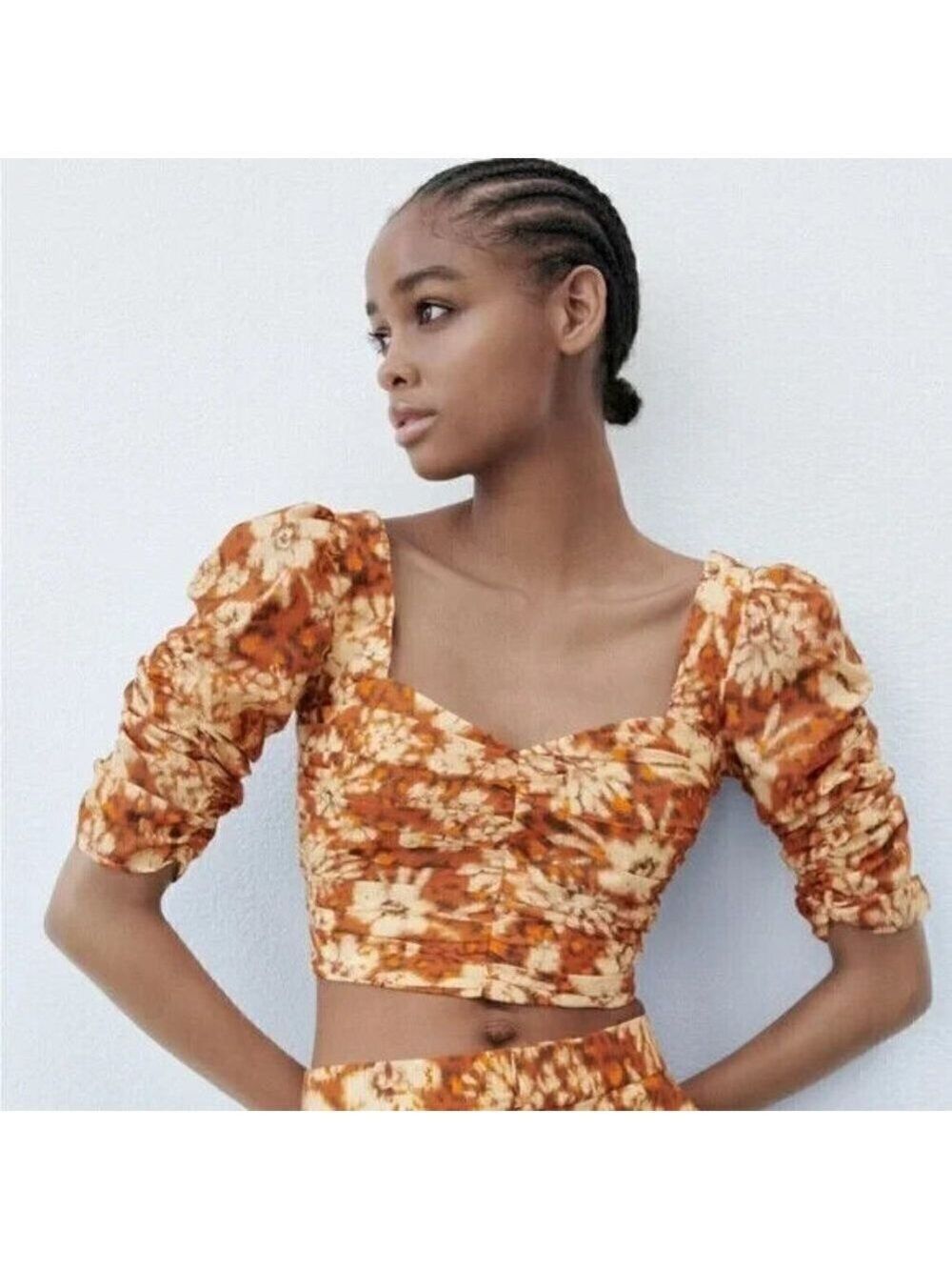 Zara BNWOT womens printed crop top sz small orange floral puff sleeve